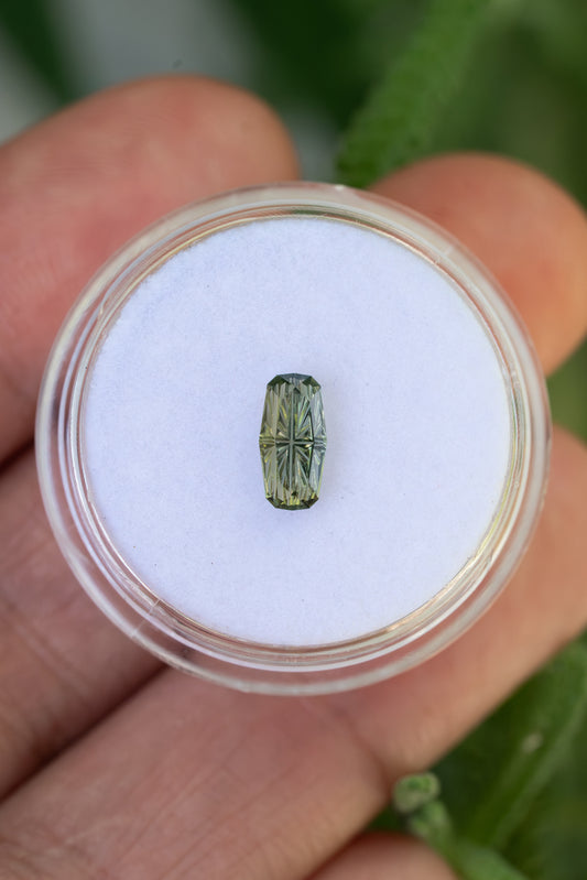 0.76 Carat Olive Green Fantasy Cut Cushion Montana Sapphire