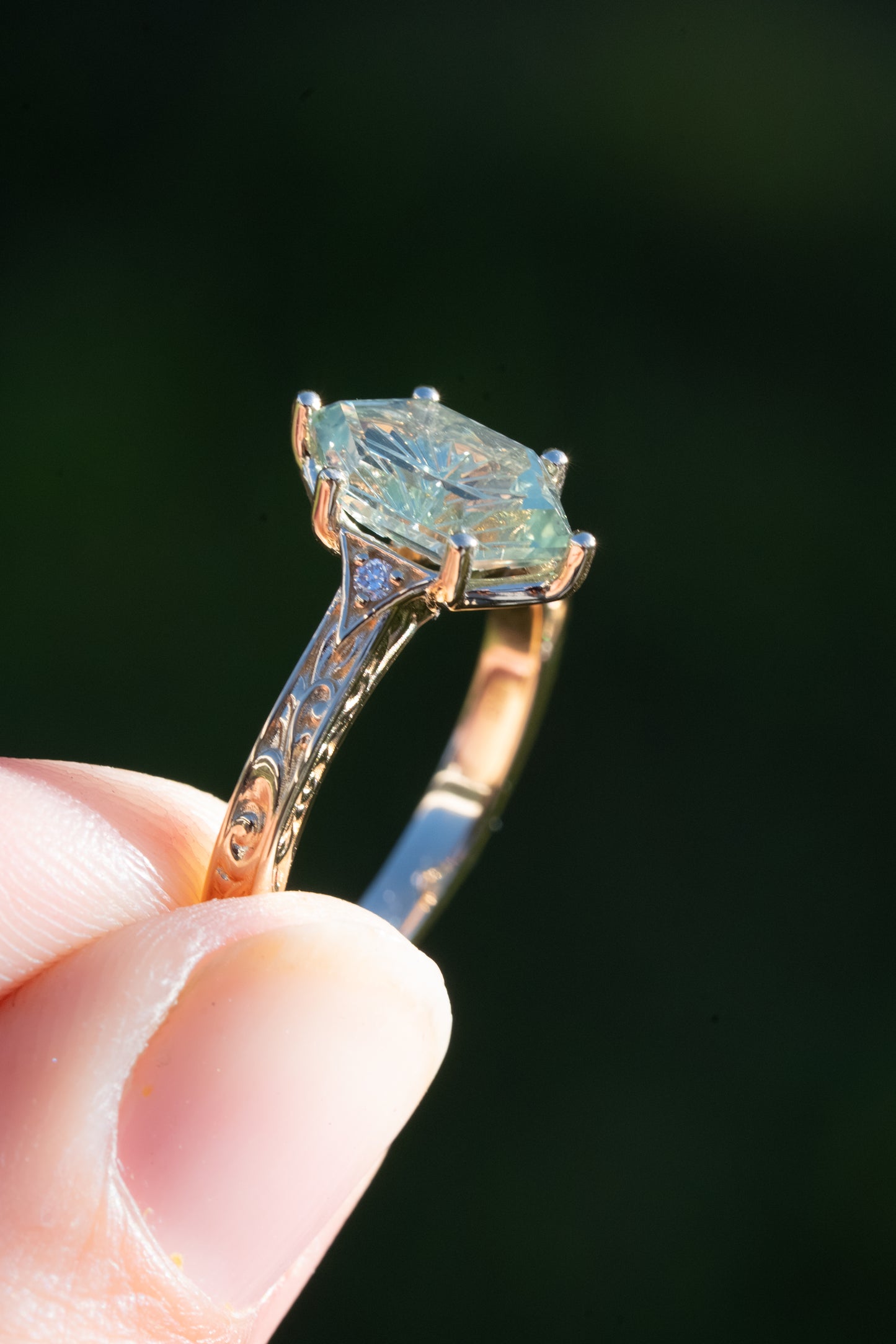 The Eowyn Ring with 2.56 Carat Fantasy Cut Pale Green Lab Sapphire- Size 7