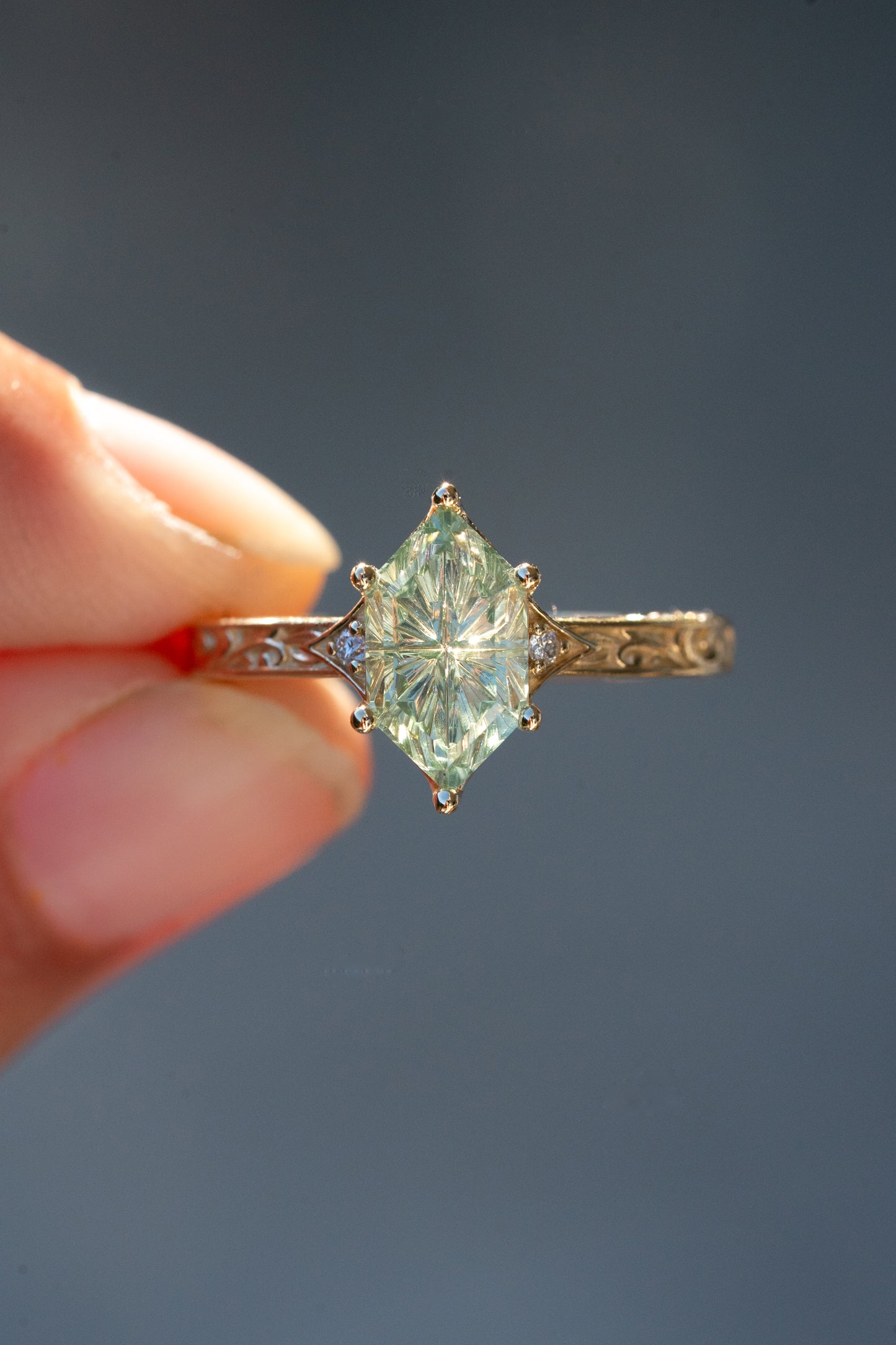 The Eowyn Ring with 2.56 Carat Fantasy Cut Pale Green Lab Sapphire- Size 7