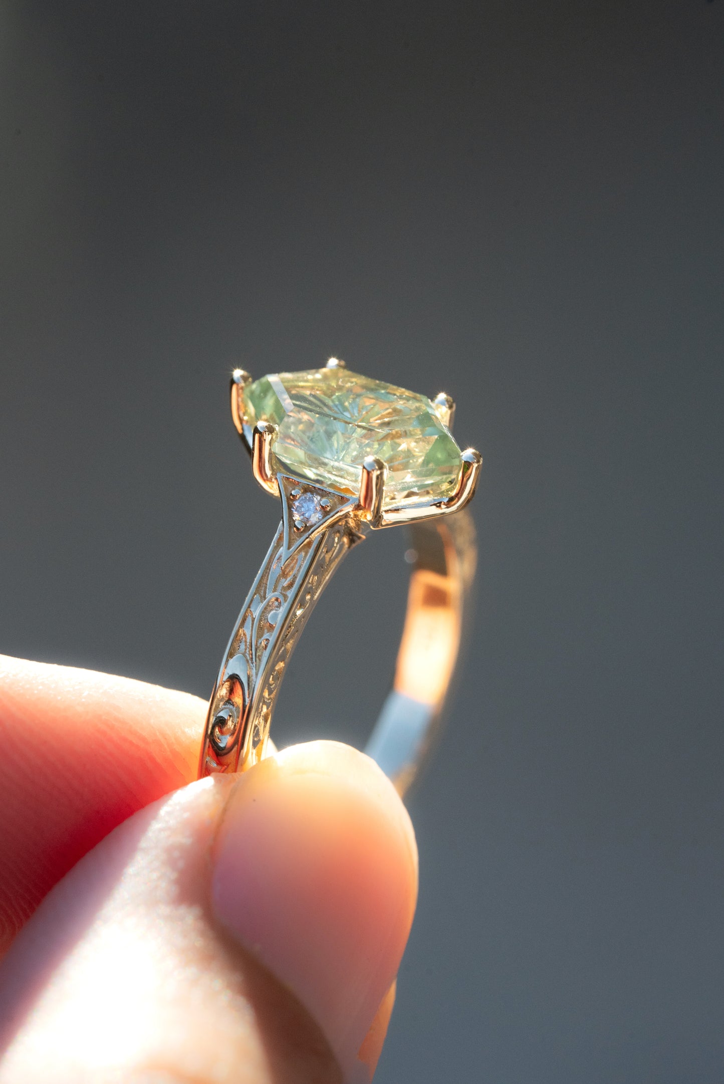 The Eowyn Ring with 2.56 Carat Fantasy Cut Pale Green Lab Sapphire- Size 7