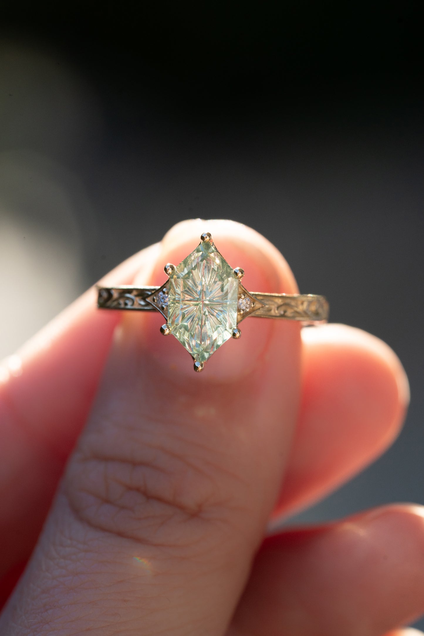 The Eowyn Ring with 2.56 Carat Fantasy Cut Pale Green Lab Sapphire- Size 7