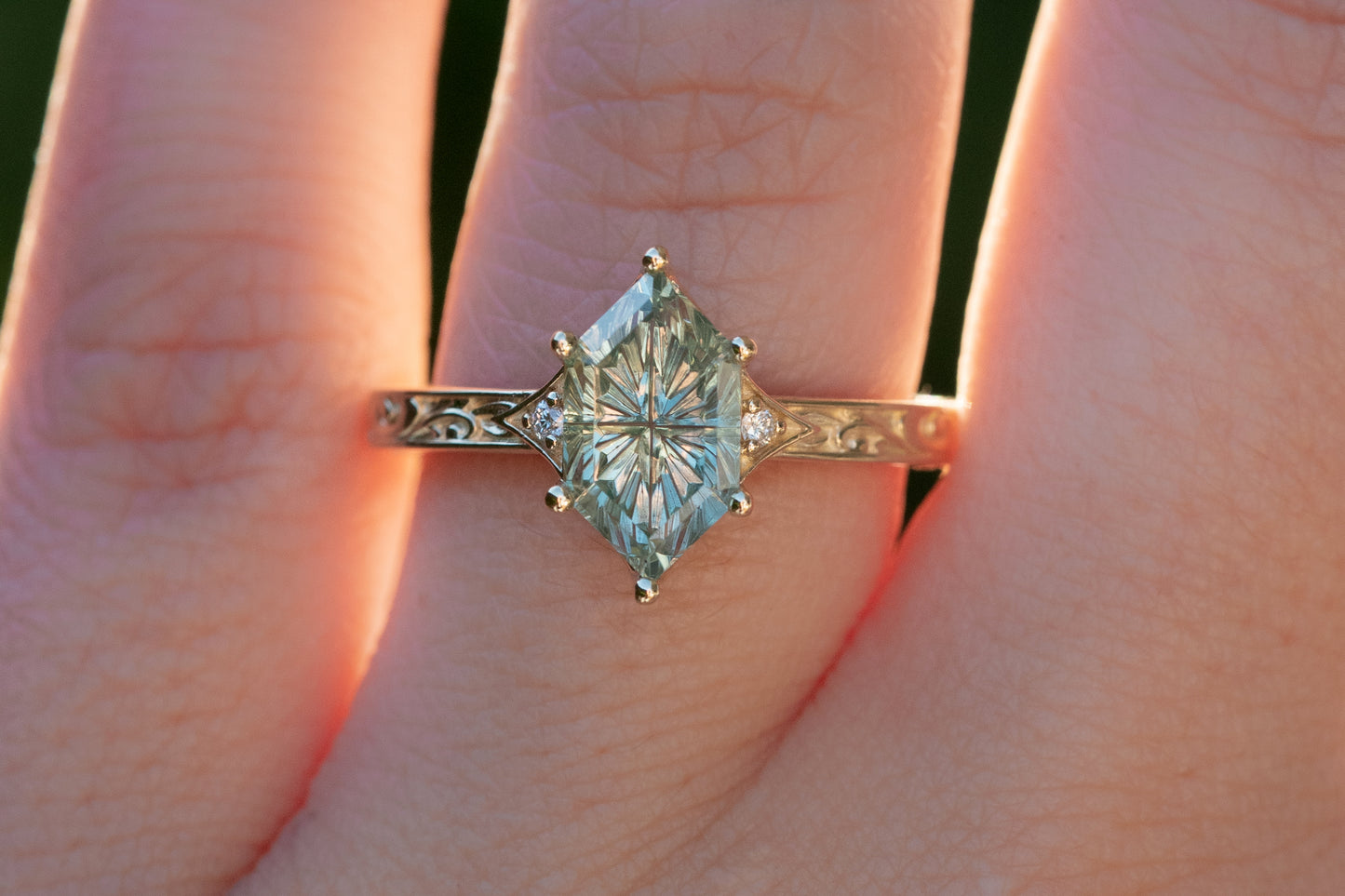 The Eowyn Ring with 2.56 Carat Fantasy Cut Pale Green Lab Sapphire- Size 7