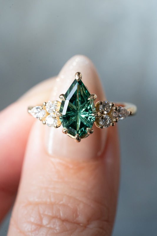 Rosewood Ring- Size 7 Fantasy Cut Green Lab Sapphire