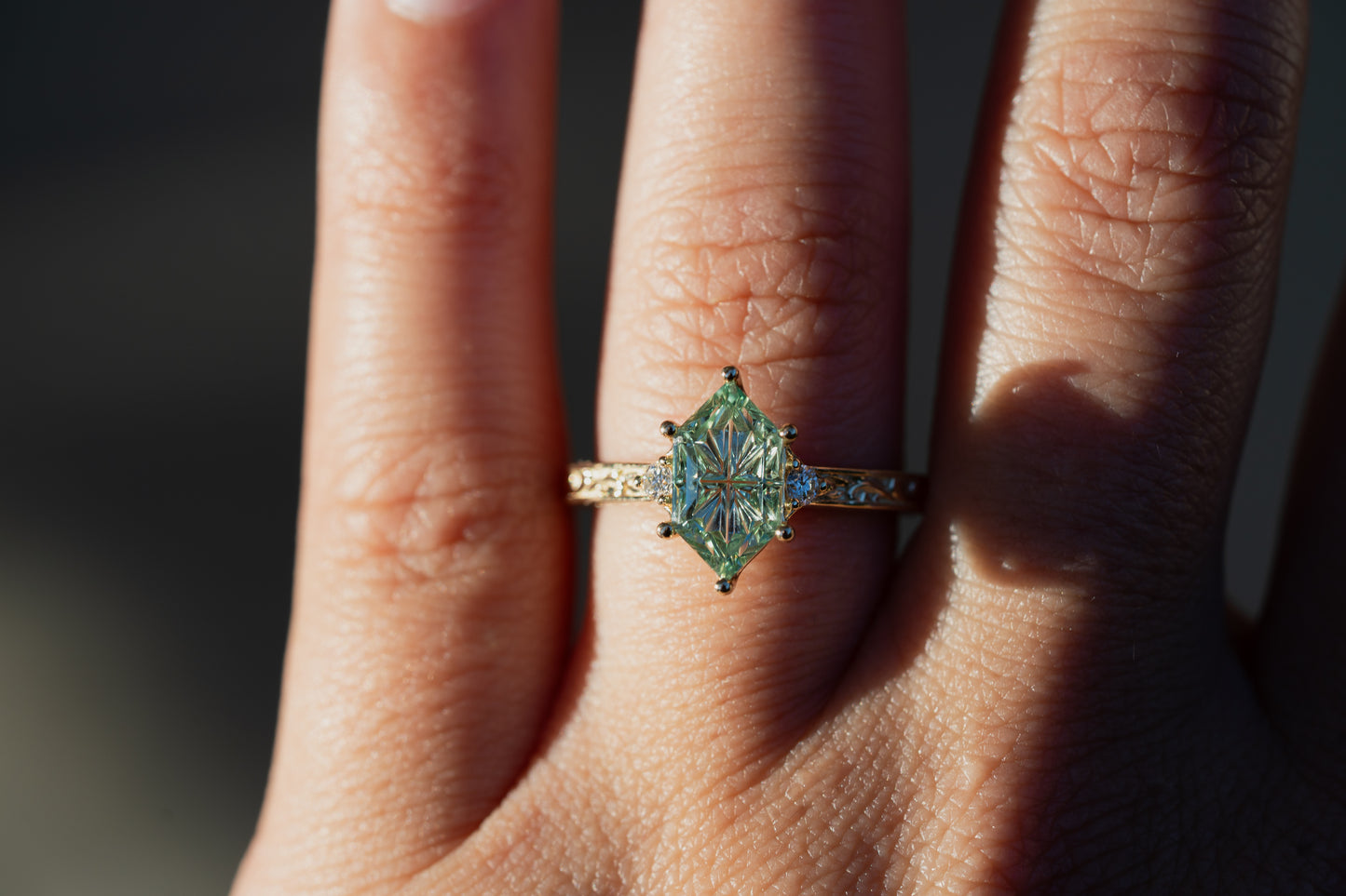 The Eowyn Ring with 2.26 Carat Pale Green Lab Sapphire- Size 7