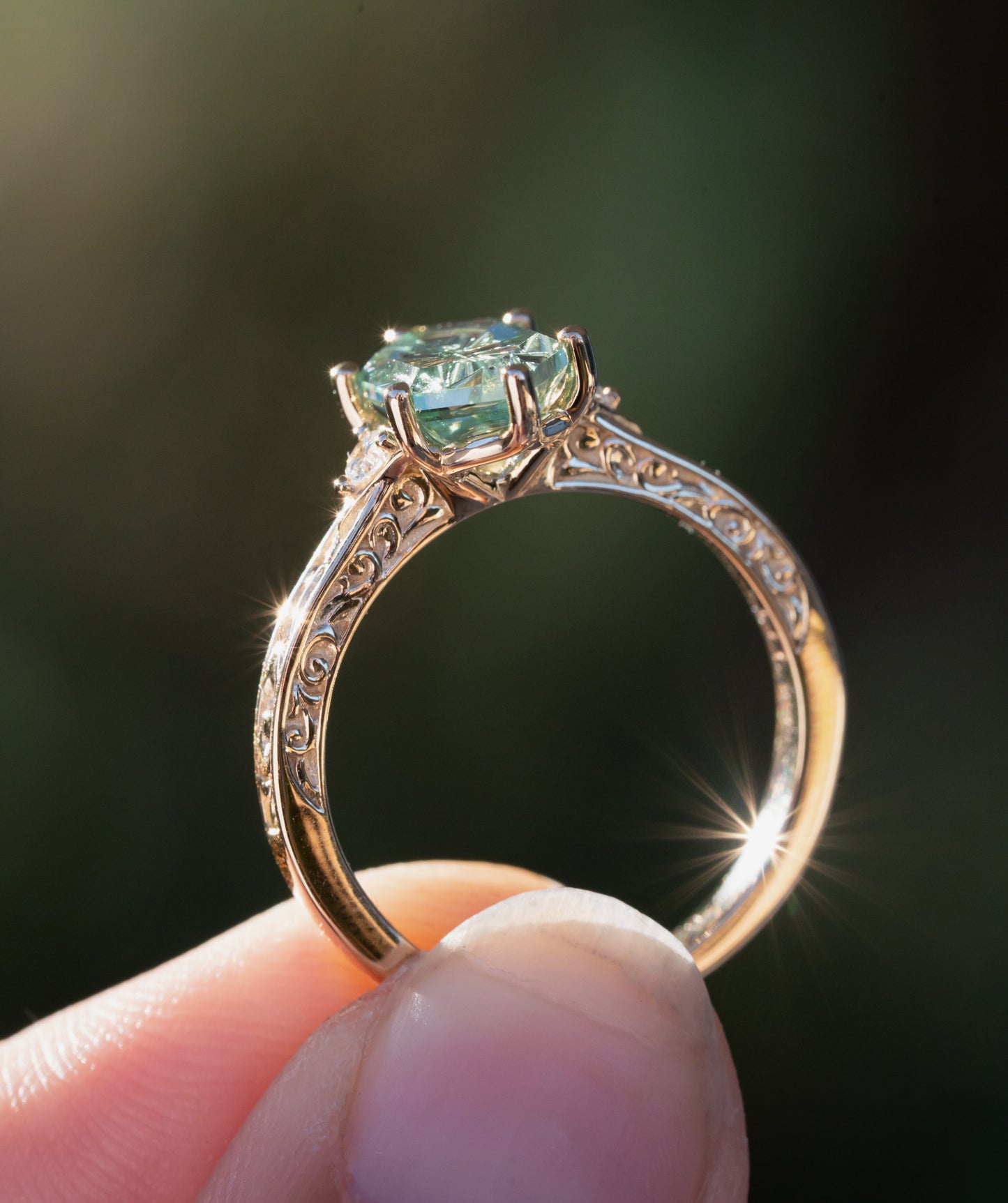 The Eowyn Ring with 2.26 Carat Pale Green Lab Sapphire- Size 7