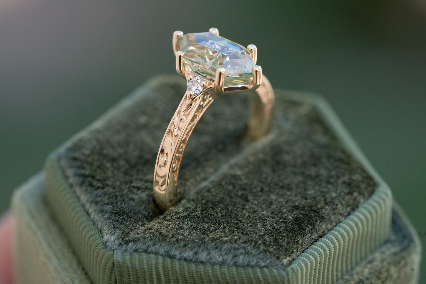 The Eowyn Ring with 2.77 Carat Pale Green Lab Sapphire- Size 7