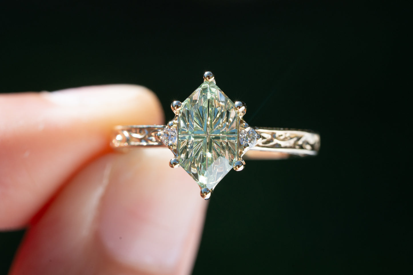 The Eowyn Ring with 2.77 Carat Pale Green Lab Sapphire- Size 7